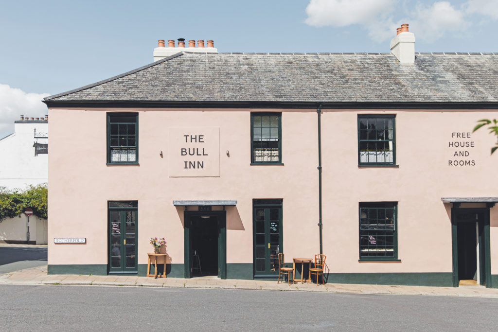 The Bull Inn pink painted pub from outside Devon hotels