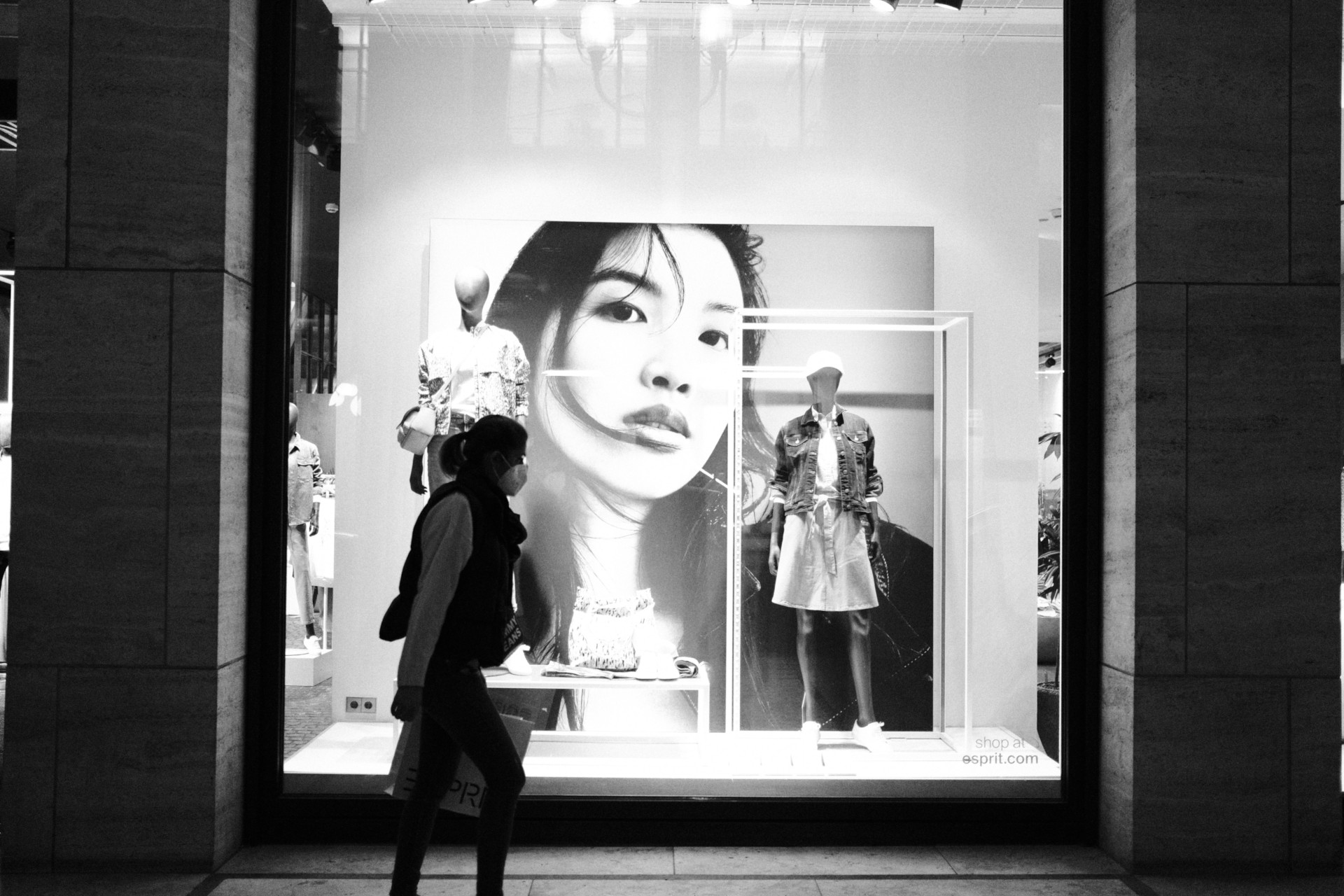 Shop front on high street in black and white
