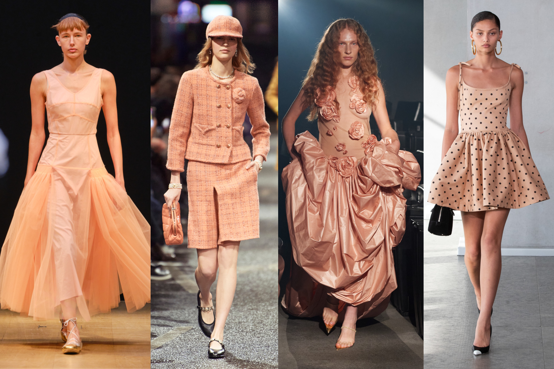 Models in peach tones on runway