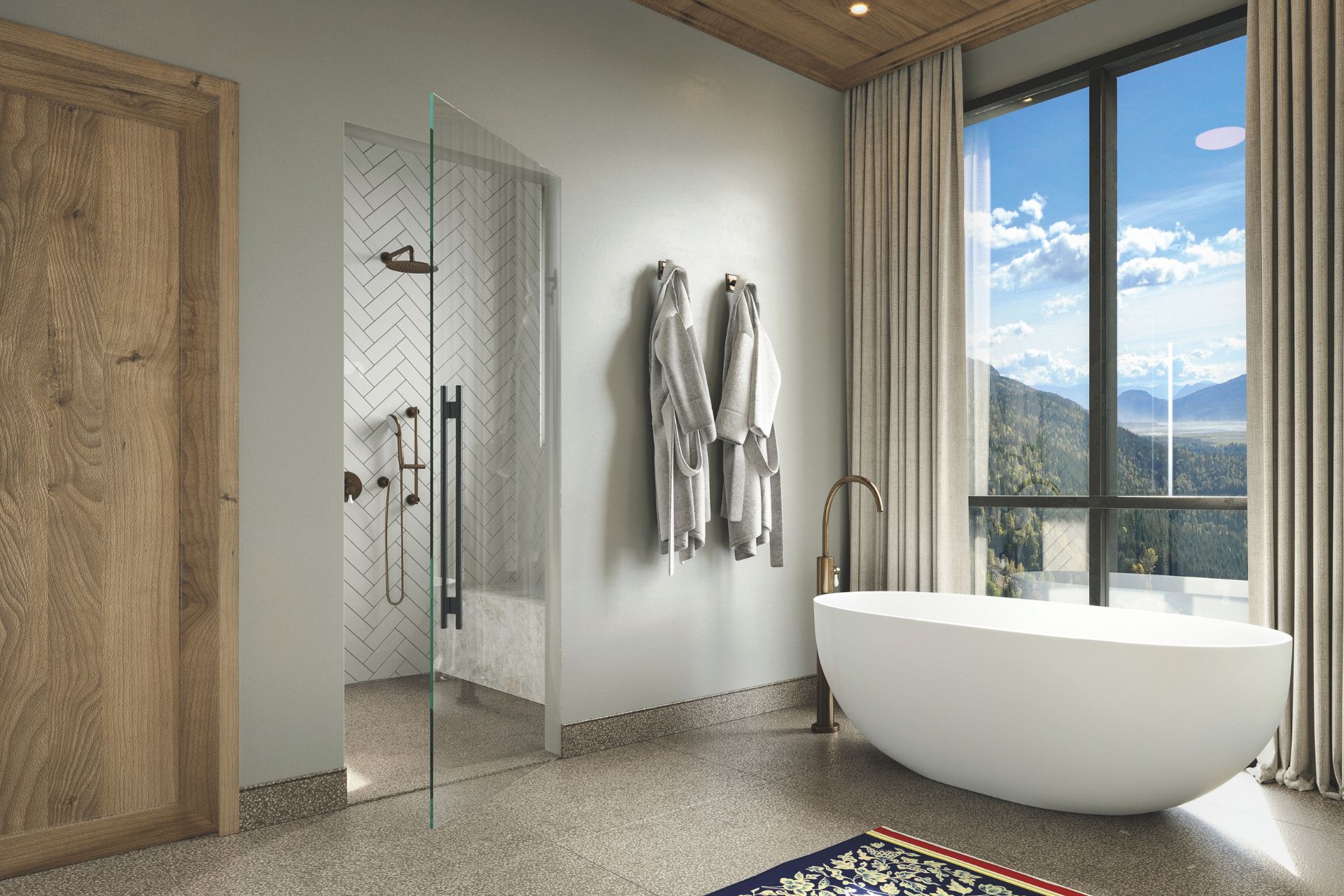 Modern bathroom with freestanding bathtub and floor-to-ceiling windows