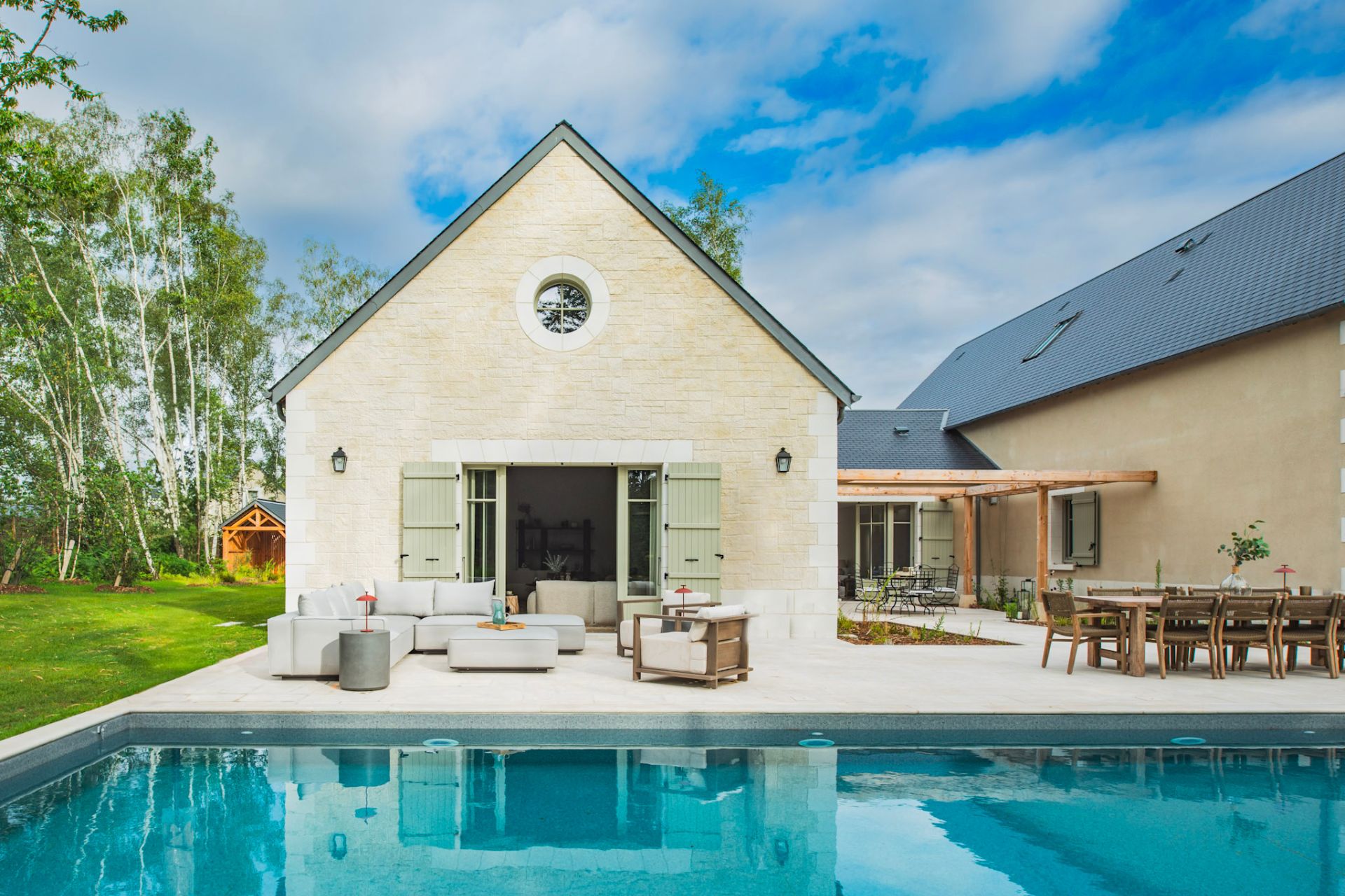 Stone French villa with patio and outdoor pool